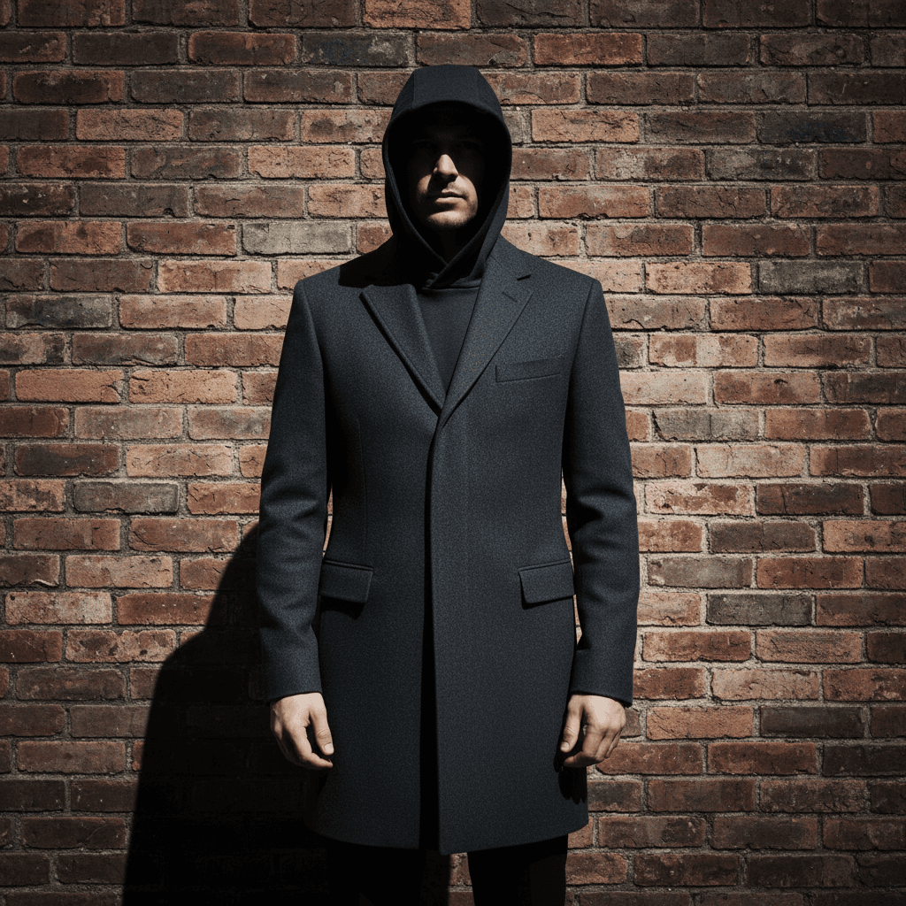 Man in a fitted charcoal overcoat