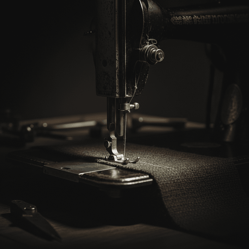 Close-up of sewing machine needle stitching tweed fabric with silver thread in dramatic lighting