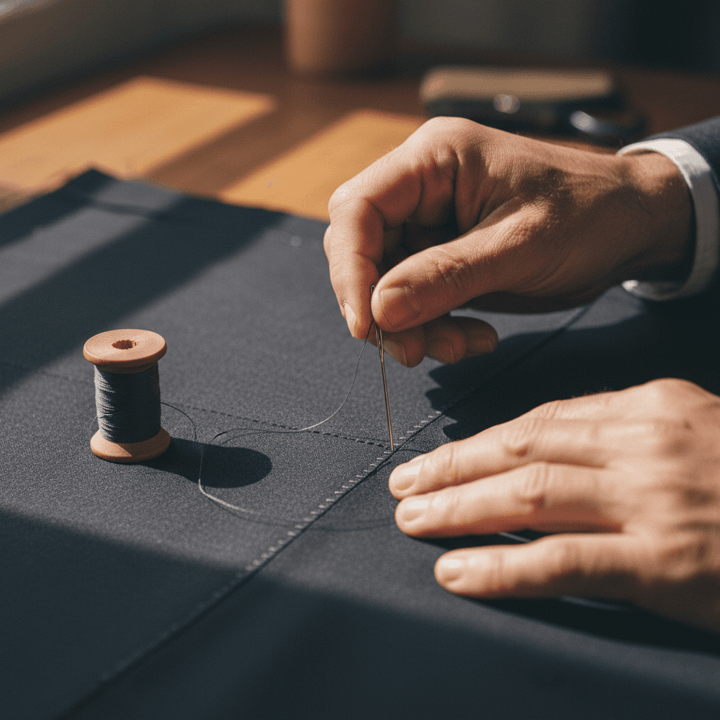 Close-up of a tailor's hands stitching charcoal wool fabric with a needle and thread