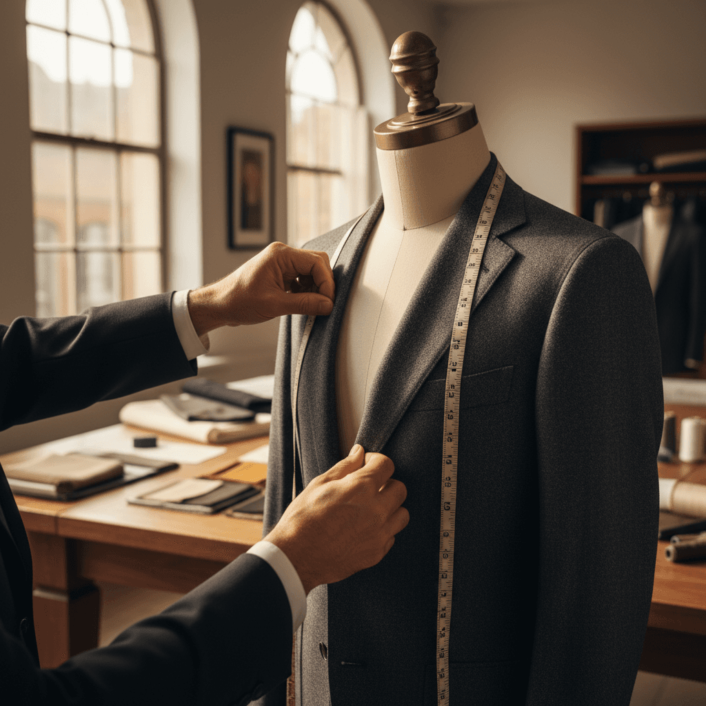 Tailor pinning a custom suit jacket on a mannequin in a Toronto studio