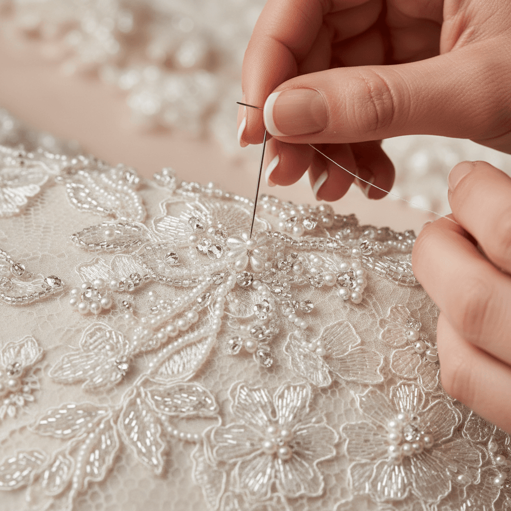 Close-up of hand-stitched hem on a cream bridal gown in a tailor's studio