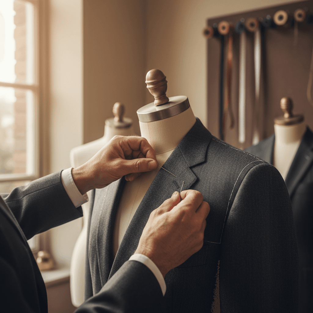 Tailor pinning a suit jacket on a dress form in a sunlit workshop
