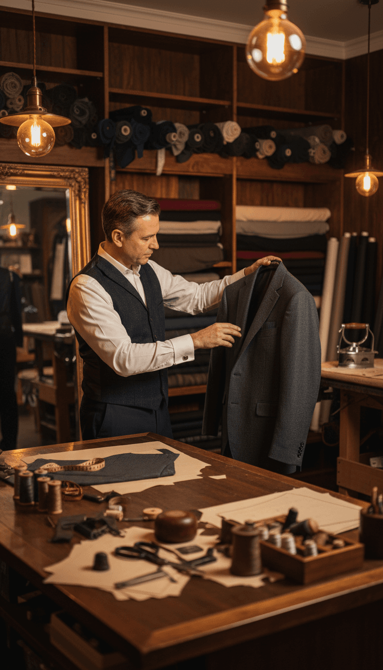 Tailoring workspace with a suit jacket and tools on a table