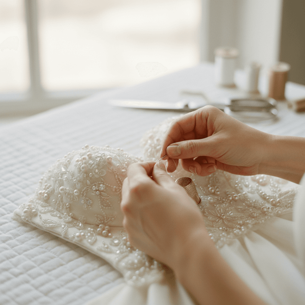 Hand stitching bridal lace