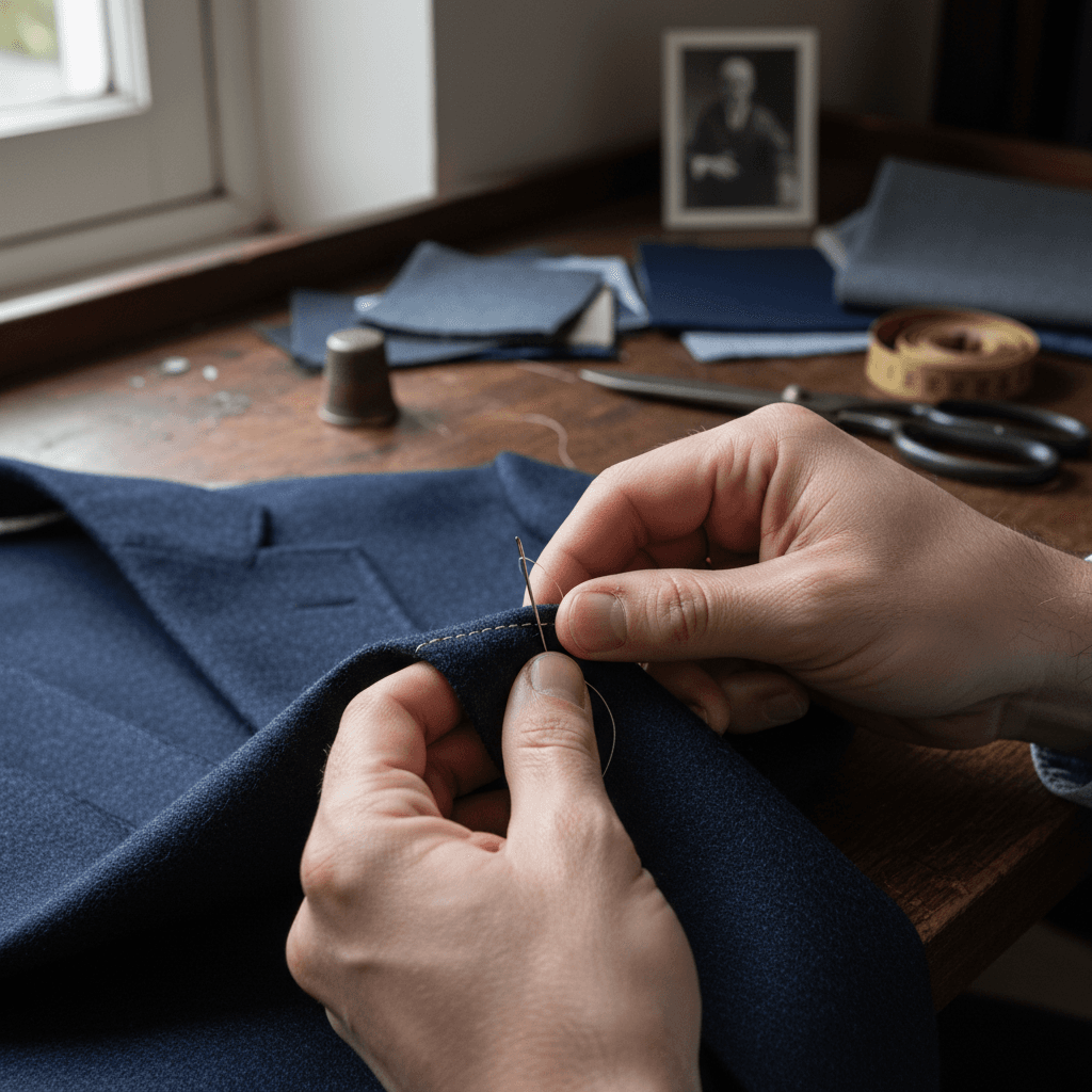 Close up of a tailor's hands doing fine hand stitching on a suit jacket lapel