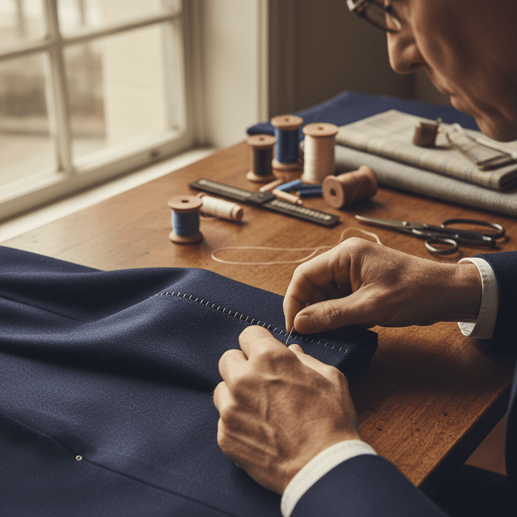Tailor pinning a trouser hem on a workbench with scissors nearby