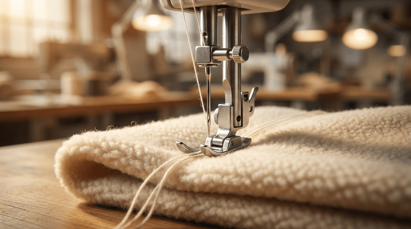 Hand threading a needle through wool fabric on a wooden sewing table