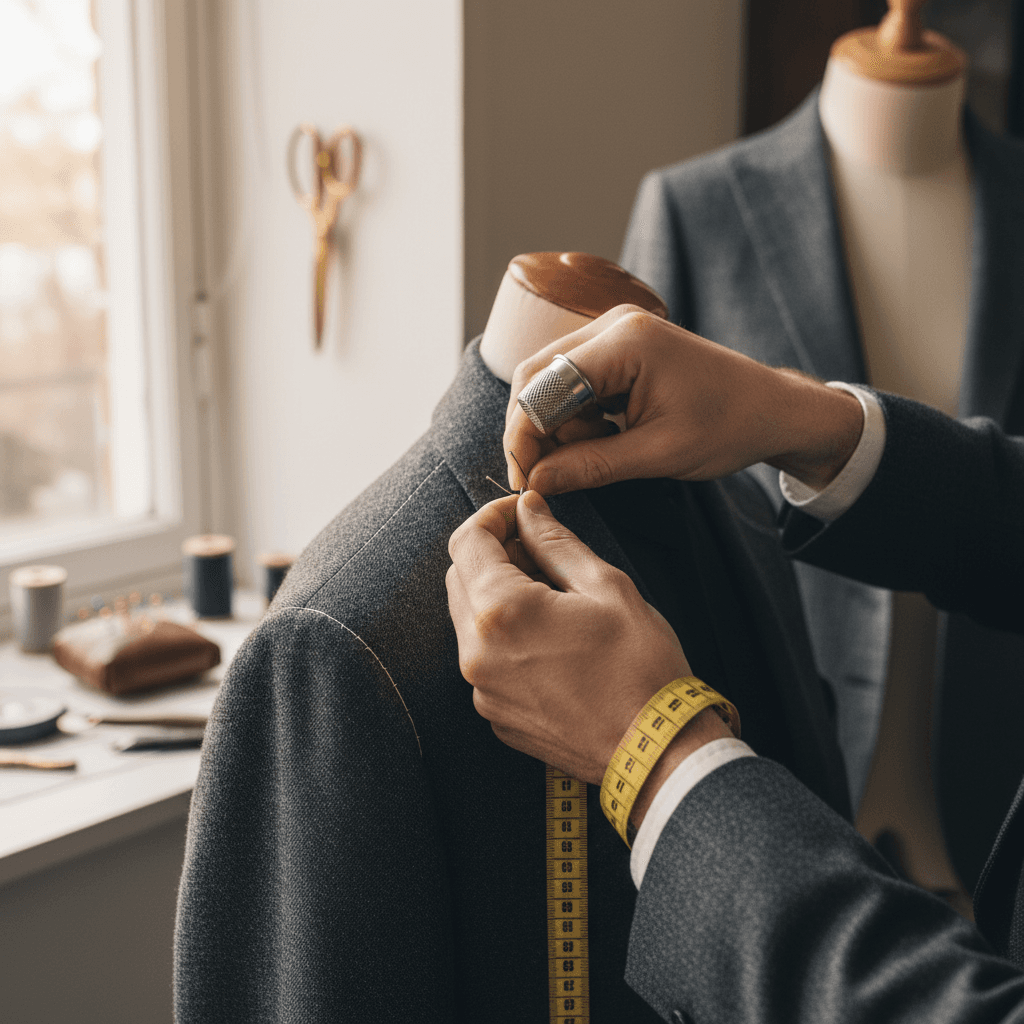 Man in a custom tweed blazer adjusting his collar in front of a mirror in a tailoring studio