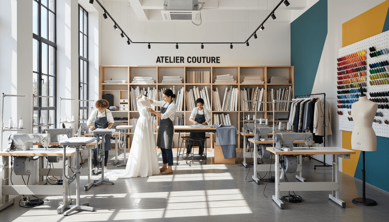 Tailor shop interior with worktable and sewing machine in Toronto